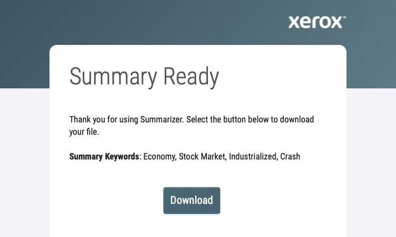 Écran de téléchargement de l'application Xerox® Summarizer Écran de téléchargement de l'application Xerox® Summarizer